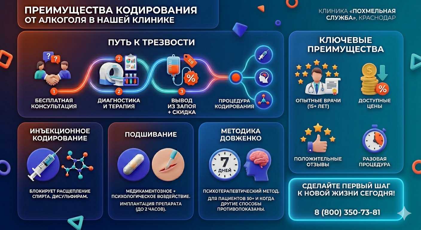 Инфографика о методах кодирования от алкоголя в Мегионе: инъекции, подшивание, метод Довженко. Преимущества клиники и этапы лечения.