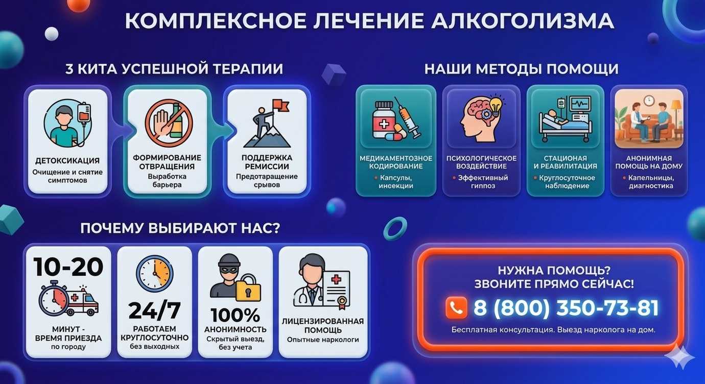 Инфографика о методах лечения алкоголизма в Мегионе: детоксикация, кодирование и анонимная помощь на дому от клиники Похмельная служба.