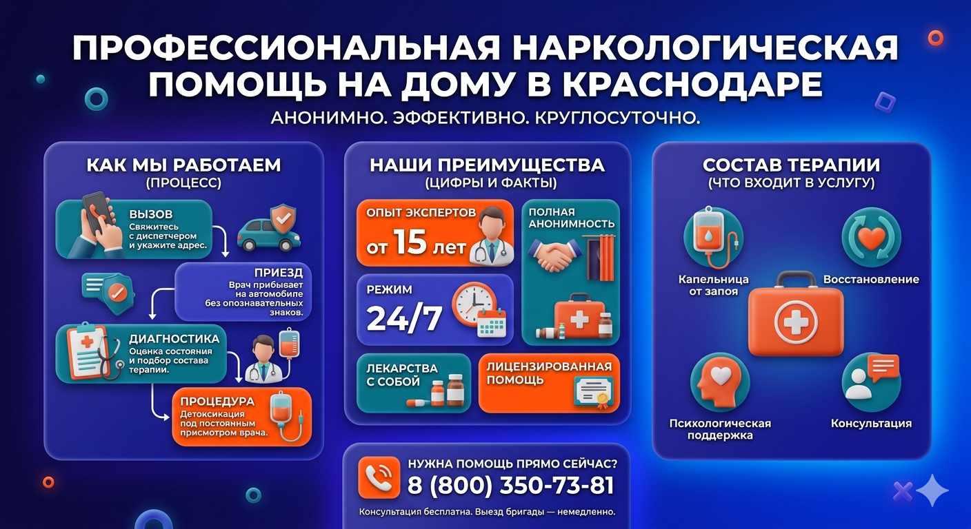 Инфографика о принципах лечения алкоголизма на дому в Мегионе: этапы вызова нарколога, преимущества анонимной детоксикации и состав медицинской помощи.